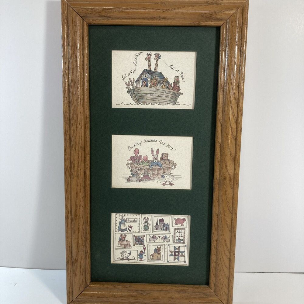 Three Vintage Americana Folk Art Prints. Pictures In Wood Frame.   11x6